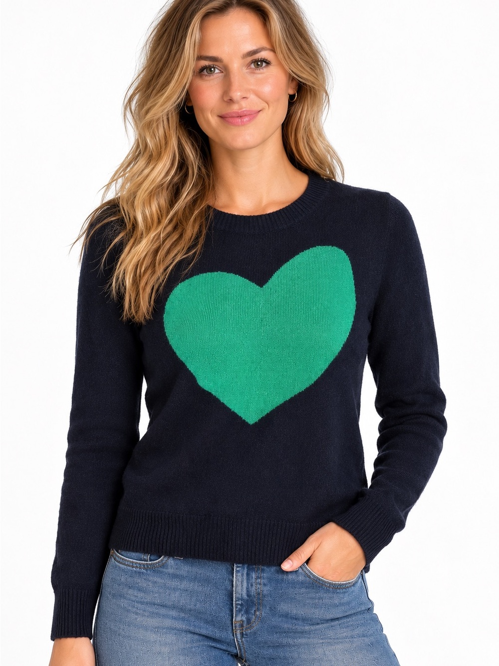 J.Crew Heart Me Sweater Medium Navy Green Wool Cashmere Heart